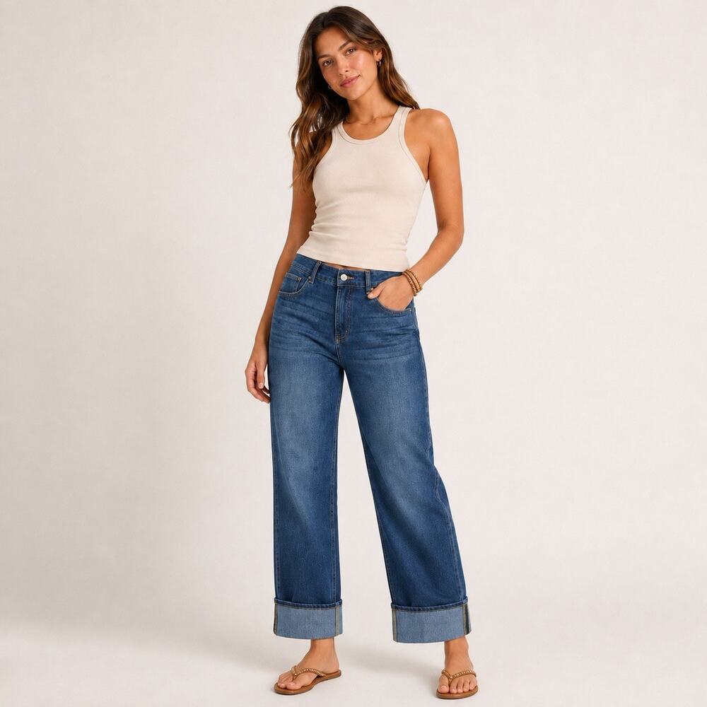 Halara Womens Wide Leg Cuffed Hem Jeans Medium Wash High Rise Blue Denim XL